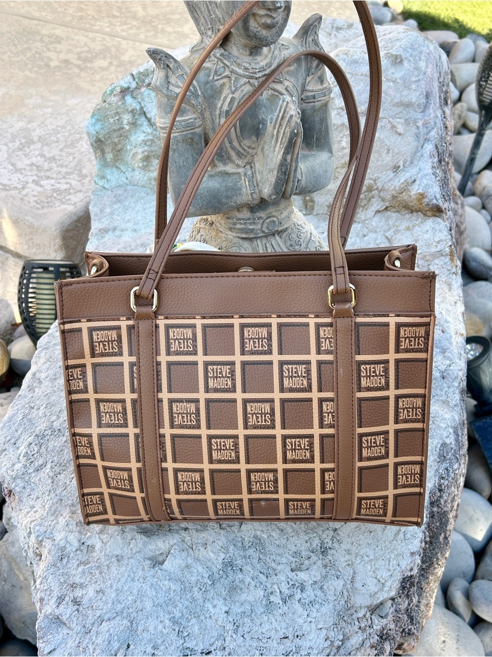 Steve Madden Brown Monogram Tote with Matching Pouch and Pineapple Scarf - Picture 5 of 7